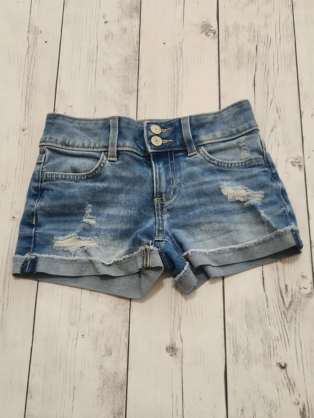 SO Girls Size 8 Dark Wash Distressed Jean Shorts With Adjustable Waist